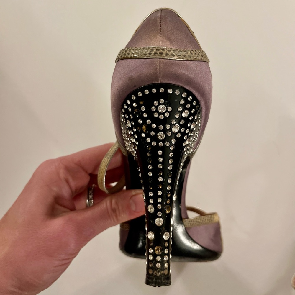 Vintage Prada Satin Peep-toe Dorsey Pumps with Rhinestone Heel - Picture 6 of 10